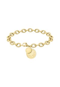 Bracelet en chaîne dorée avec des maillons ovales et deux médaillons circulaires, l'un gravé du mot "LIBERTÉ" et l'autre sans inscription. Texture lisse, finition brillante.