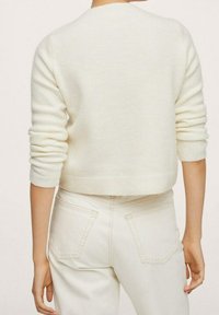 Pull tricoté couleur crème avec manches longues et coupe courte. Présente des poignets et un ourlet côtelés, fabriqué à partir d'un matériau doux et texturé.