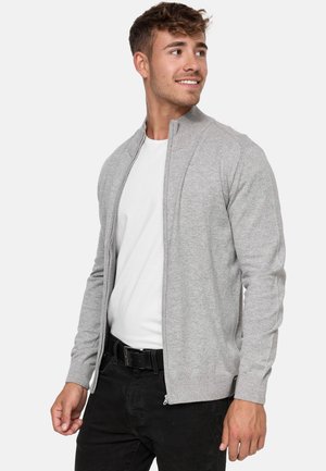Gray zip-up cardigan with long sleeves, ribbed cuffs, and collar. Worn over a white t-shirt, paired with black pants. Smooth texture.