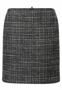 Černobílá kostkovaná sukně z tkaniny tweed se strukturovaným designem, rovného střihu a diskrétním zadním zipem pro zapínání. Texturovaná látka s kostkovaným vzorem.