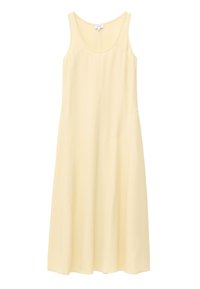 Robe midi sans manches jaune clair avec encolure dégagée, détails subtils de coutures et silhouette légèrement évasée.