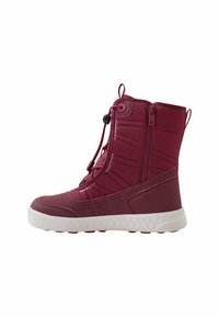 Weinrote Winterstiefel mit einem gepolsterten Textil-Obermaterial, Schnürverschluss, seitlichem Reißverschluss und Gummisohle mit einem strukturierten Griffmuster.