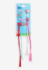 Ensemble de barrettes à cheveux avec des motifs colorés : Peppa Pig, arc-en-ciel, fraise et cœur. Comprend des détails accentués en tresses et en franges.