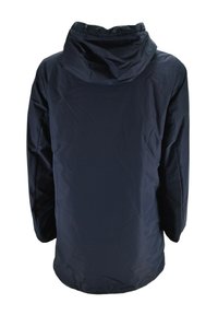 Giacca a cappuccio blu scuro realizzata in materiale leggero, con una texture liscia, vestibilità ampia e un design semplice senza decorazioni.
