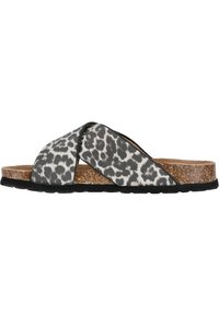 Korsremmar slidesandaler med ett leopardtryck i grått och svart, med en korgsul och en texturerad svart gummisula.