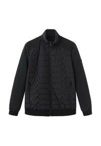 Czarna kurtka puchowa z wysokim kołnierzem, zamkiem błyskawicznym i kieszeniami bocznymi. Posiada pikowaną fakturę oraz kontrastujące matowe rękawy.