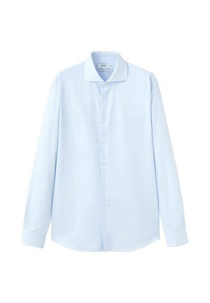 Svetlomodrá košeľa s dlhým rukávom z hladkej látky, s klasickým golierom a zapínaním na gombíky vpredu, so strihaným strihom bez vzorov.