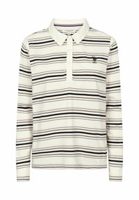 Polo met lange mouwen met zwarte, beige en witte horizontale strepen, drieknopsbies en klein geborduurd USPA-logo op de borst.