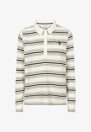 Pikad varrukadega polo särk, millel on mustad, beežid ja valged horisontaalsed triibud, kolme nööbiga plokk ja väike tikitud USPA logo rinnal.