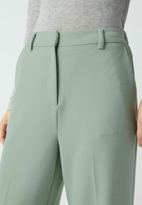 Svetlo zelene hlače z gladko teksturo, s popolnoma ravnim sprednjim delom, stranskimi žepi in zankami za pas. Kombinirane s sivim dolgimi rokavi.