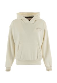 Sweatshirt à capuche crème en tissu côtelé. Équipé d'une poche avant, de poignets élastiques et d'une broderie discrète du logo "Superdry".