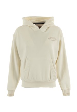 Crème hoodie gemaakt van ribgebreide stof. Heeft een voorzak, elastische boorden en een subtiele geborduurde "Superdry" logo.