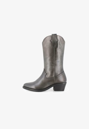Bota de cowboy de cuero gris con punta afilada, detalles de costura y una pestaña en el eje. Cuenta con un tacón bajo cuadrado para mayor soporte.