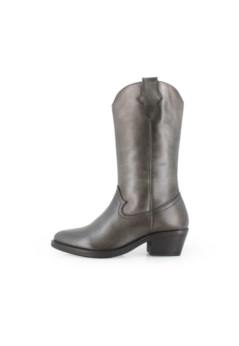 Bota de cowboy de cuero gris con punta afilada, detalles de costura y una pestaña en el eje. Cuenta con un tacón bajo cuadrado para mayor soporte.