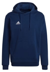 Sweat à capuche Adidas bleu marine avec poche kangourou à l’avant, capuche réglable avec cordon et logo Adidas blanc sur la poitrine.