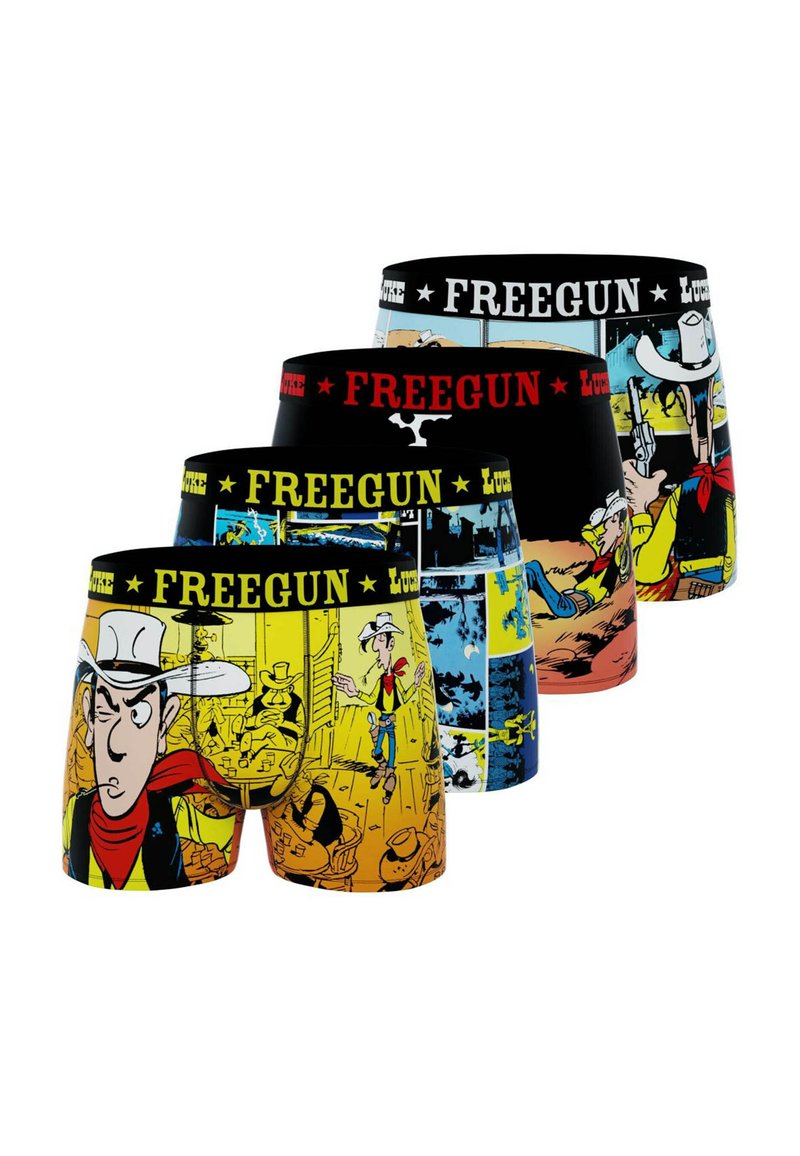 Quatre boxers colorés avec des scènes de cowboy de style bande dessinée et la marque "FREEGUN" sur la taille en texte jaune, rouge et blanc.