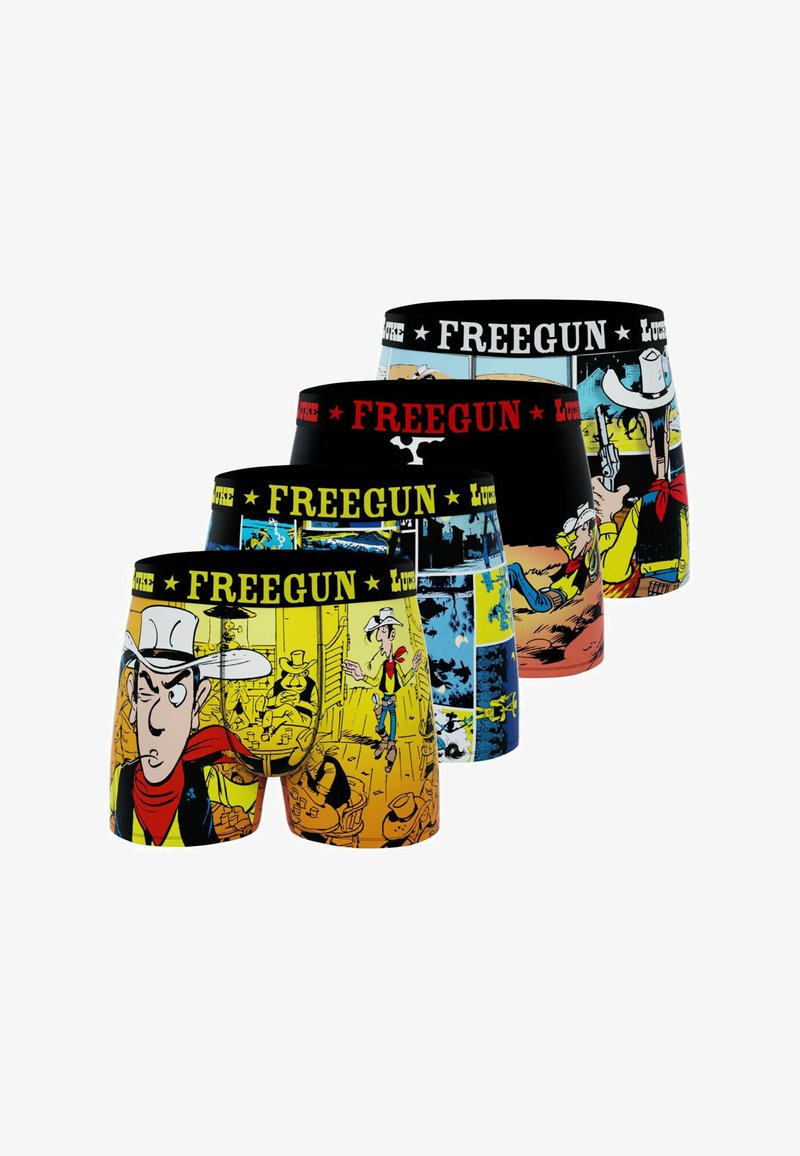 Quatre boxers colorés avec des scènes de cowboy de style bande dessinée et la marque "FREEGUN" sur la taille en texte jaune, rouge et blanc.