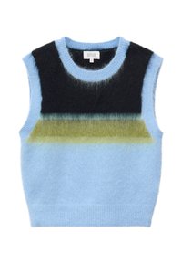 Gilet en maille duveteuse sans manches avec des blocs de couleur horizontaux bleu clair, vert olive et noir et un col rond.