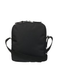Borsa a tracolla nera in tessuto con zip superiore, forma rettangolare, tracolla regolabile e superficie testurizzata. Design minimalista senza decorazioni.