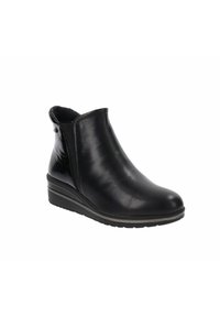 Bottines en cuir noir avec une finition lisse, talon compensé légèrement surélevé, panneau latéral élastique et bout arrondi.