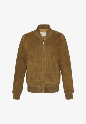 Veste bomber en daim marron avec des poignets et un ourlet côtelés, fermeture éclair à l'avant et deux poches latérales. Texture lisse et design simple.