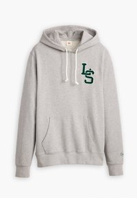 Sudadera gris hecha de una tela suave, con un bolsillo frontal, letras verdes bordadas "LS" y "S" en el pecho, y cordones blancos.