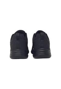 Scarpe da ginnastica nere con una tomaia in mesh morbido, tacco arrotondato e linguetta sul retro. La suola presenta scanalature orizzontali per una migliore aderenza.