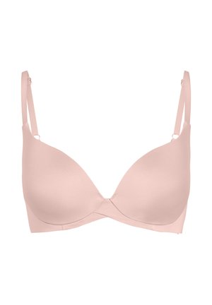 Soutien-gorge rose clair à bonnets moulés avec bretelles réglables et armatures pour un maintien optimal, présenté sur fond blanc.