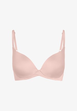 Soutien-gorge rose clair à bonnets moulés avec bretelles réglables et armatures pour un maintien optimal, présenté sur fond blanc.