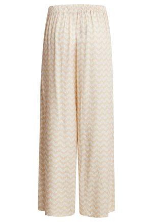 Lightweight, wide-leg pants with an elastic waistband. Cream base color featuring a subtle white zigzag pattern throughout.