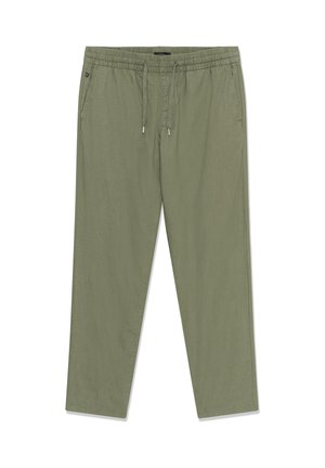 Pantalon décontracté vert olive avec taille élastique et cordon de serrage, doté de poches latérales et de jambes fuselées.
