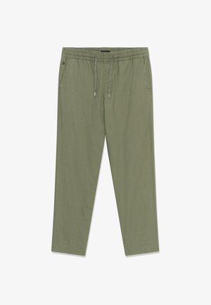 Pantaloni casual verde oliva con vita elastica e coulisse, dotati di tasche laterali e gambe rastremate.