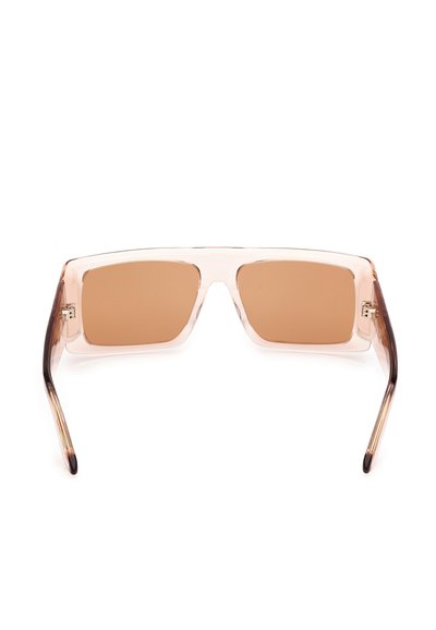 Light pink rectangular sunglasses with brown lenses. Transparent frame with a gradient darkening towards the temples. Sleek, smooth texture.