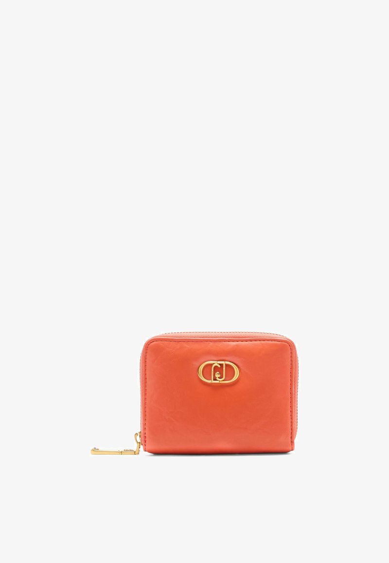 Orange leather wallet with a zip closure, gold hardware, and a double-loop logo accent on the front. Smooth texture with minimal stitching.