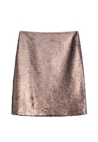 Bronzefarbener Pailletten-Minirock mit taillierter Passform, glatter Textur und geradem Saum. Verfügt über eine glänzende, gemusterte Oberfläche mit reflektierenden Details.