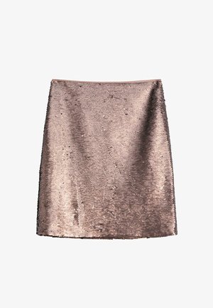 Bronze paljettminikjol med en figursydd design, slät textur och rak fåll. Har en glänsande, mönstrad yta med reflekterande detaljer.