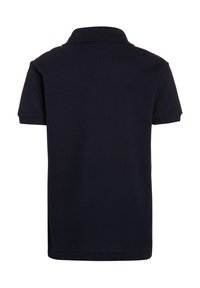 Polo shirt navy in tessuto testurizzato, maniche corte e colletto classico. Parte posteriore semplice con orlo dritto.