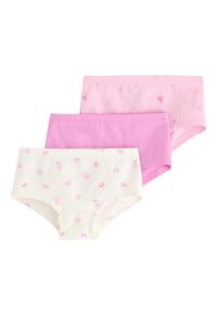 Tre par bomuldsunderbukser: én hvid med pink sløjfer, to nuancer af pink; alle har en glat overflade og elastisk talje.