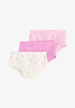Tre par bomuldsunderbukser: én hvid med pink sløjfer, to nuancer af pink; alle har en glat overflade og elastisk talje.