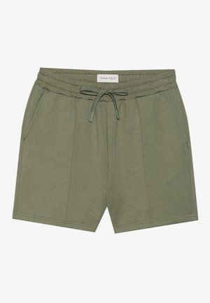 Olive green shorts with an elastic waistband, drawstring tie, and two side pockets; soft fabric with a smooth texture.