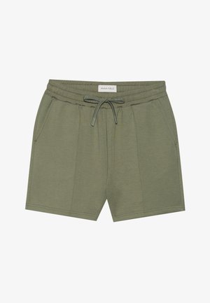 Olive green shorts with an elastic waistband, drawstring tie, and two side pockets; soft fabric with a smooth texture.