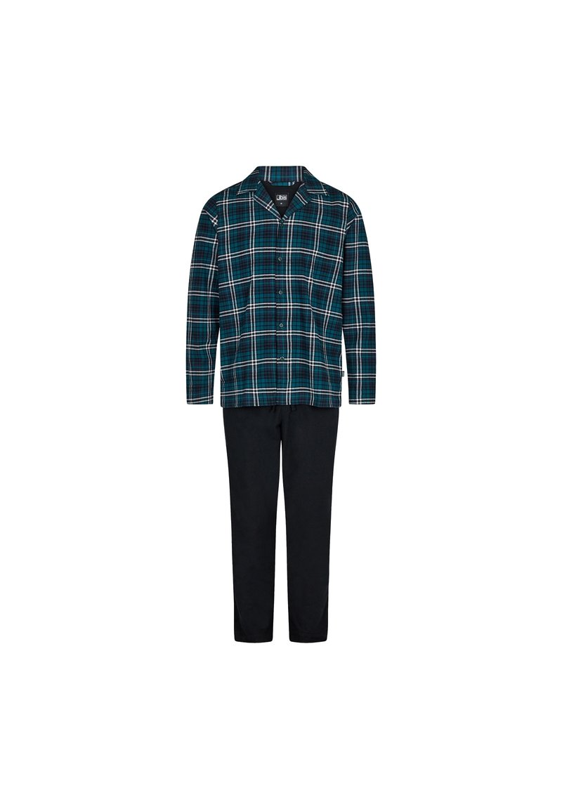 Herre plaid pyjamasæt med en knap-op skjorte i teal og marineblå med hvide striber, parret med sorte bukser, lavet af blødt stof.