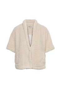 Korte beige fuzzy badjas met een sjawl-kraag, korte mouwen en een open ontwerp. Zachte textuur zonder opvallende patronen of accenten.