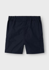 Marineblaue Cargo-Shorts mit elastischem Bund, seitlichen Taschen und glatter Textur. Einfaches Design, knielange Schnittführung und keine sichtbaren Muster.