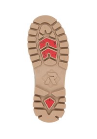Semelle en caoutchouc de couleur beige, avec des rainures profondes et des accents rouges. Motif texturé pour l'adhérence et la stabilité. Taille marquée comme 37.