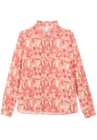 Långärmad skjorta av lätt tyg, med ett mönster i rosa och persika av ansikten med solglasögon och stora frisyrer, knäppning framtill.