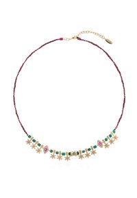 Collier doré avec cordon tressé rouge et vert, ornés de pendentifs floraux, de perles turquoise et d'une pierre d'accent rose centrale.