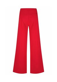 Rode wijdvallende broek met een gladde textuur, voorzien van twee achterzakken en een aansluitende tailleband. Geen zichtbare sluitingen of hardware.