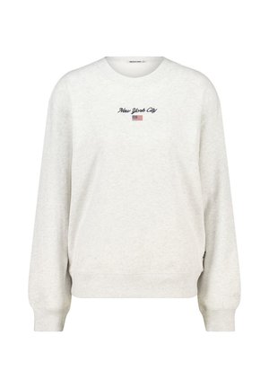 Lichtgrijze sweatshirt met de tekst "New York City" en een kleine Amerikaanse vlag geborduurd op de borst, met ribgebreide mouwen en zoom.