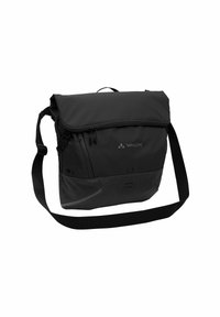 Borsa a tracolla nera in materiale sintetico, con flap pieghevole, tasche laterali con zip, tracolla regolabile e logo impresso sul fronte.